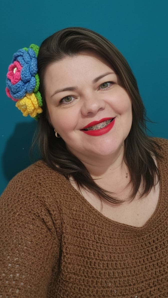Uma mulher branca, sorridente, de cabelos castanhos claros, vestindo um suéter de crochê marrom, posa para um close-up. Ela usa batom vermelho, aparelho ortodôntico e uma grande flor de crochê colorida (azul, rosa, amarelo e verde) presa no cabelo, no lado esquerdo. O fundo é de cor azul turquesa sólida.